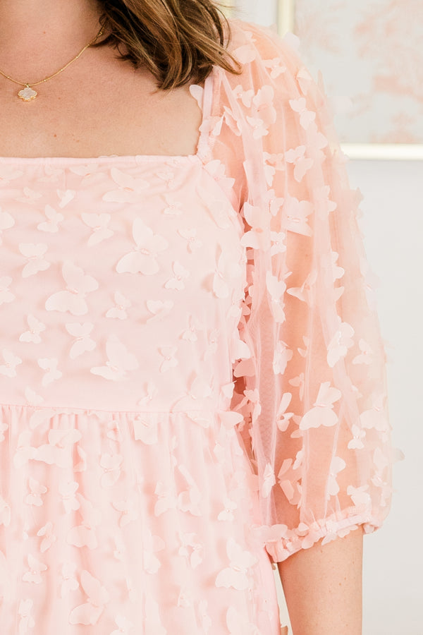 Chic Soul plus size clothing, short-puffed-sleeve pink baby doll dress with tulle and pink textured floral design