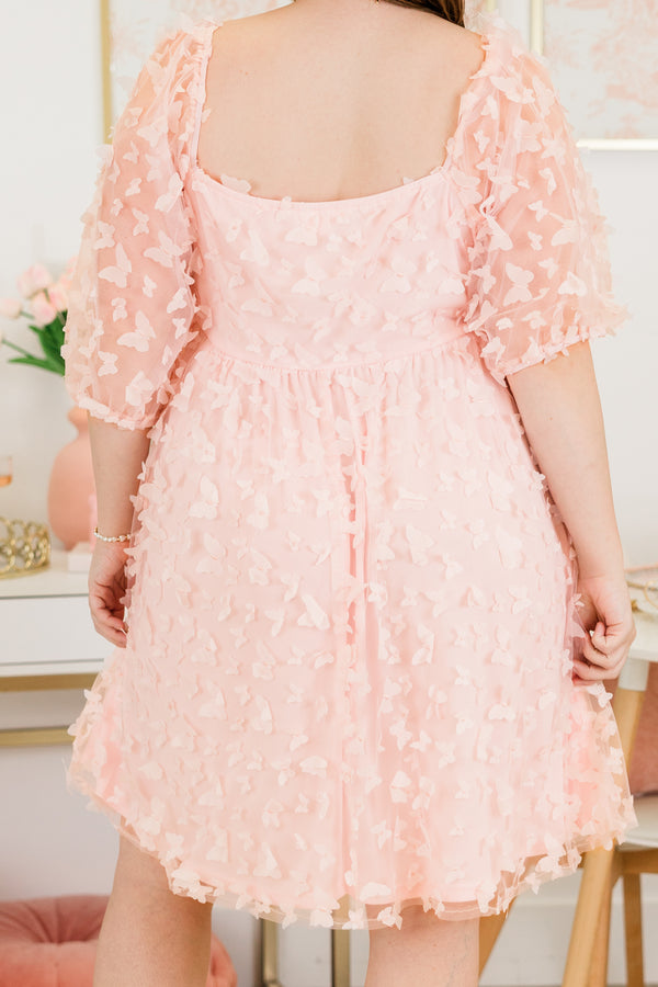 Chic Soul plus size clothing, short-puffed-sleeve pink baby doll dress with tulle and pink textured floral design