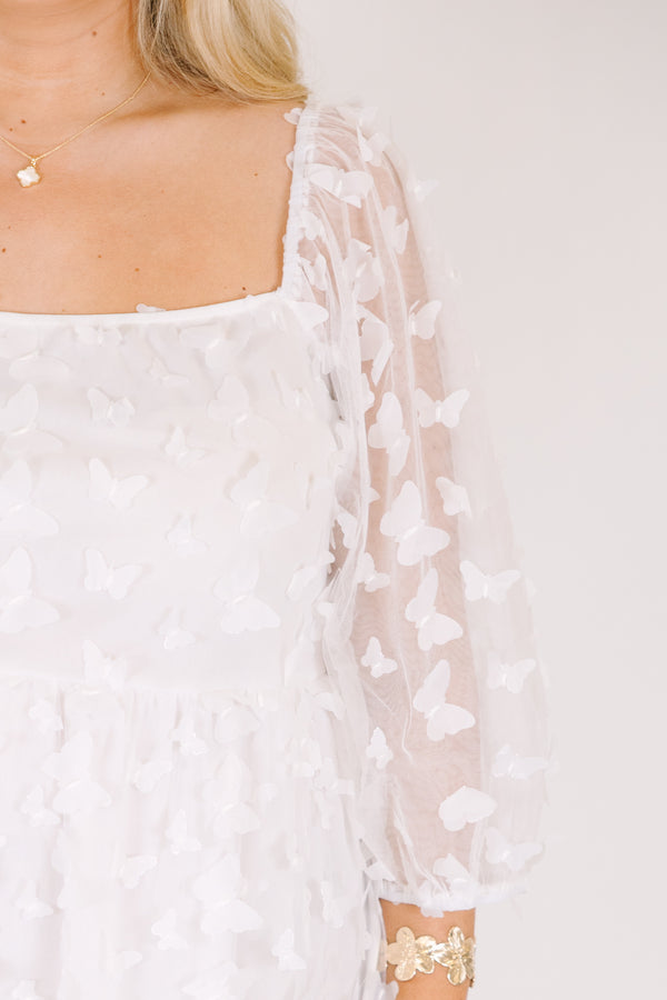 Chic Soul plus size clothing, white babydoll dress with sheer butterfly pattern and bubble sleeves