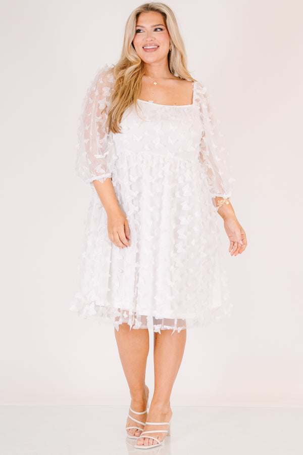Chic Soul plus size clothing, white babydoll dress with sheer butterfly pattern and bubble sleeves
