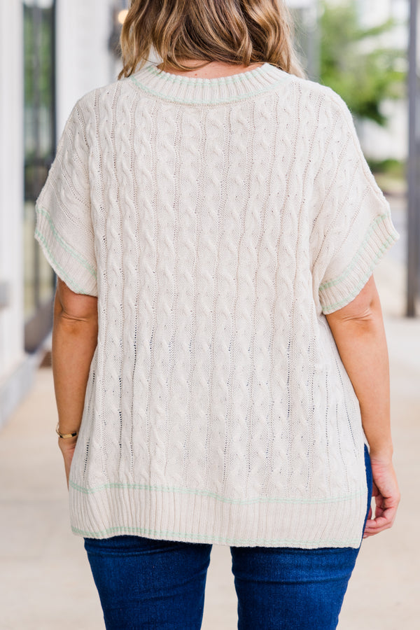 Chic Soul plus size clothing, oatmeal short sleeve sweater top with v neckline with slit in the side with cable knit detailing