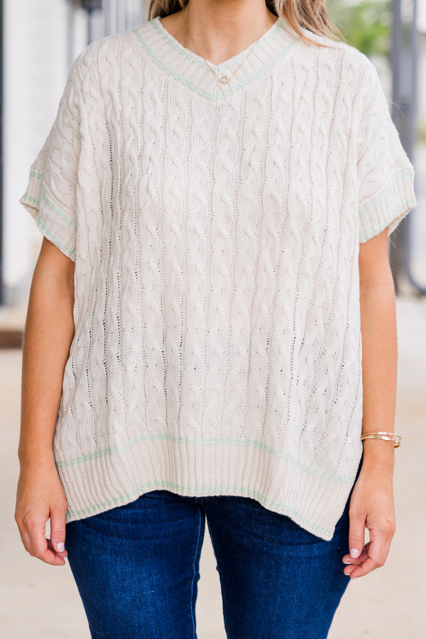 Chic Soul plus size clothing, oatmeal short sleeve sweater top with v neckline with slit in the side with cable knit detailing