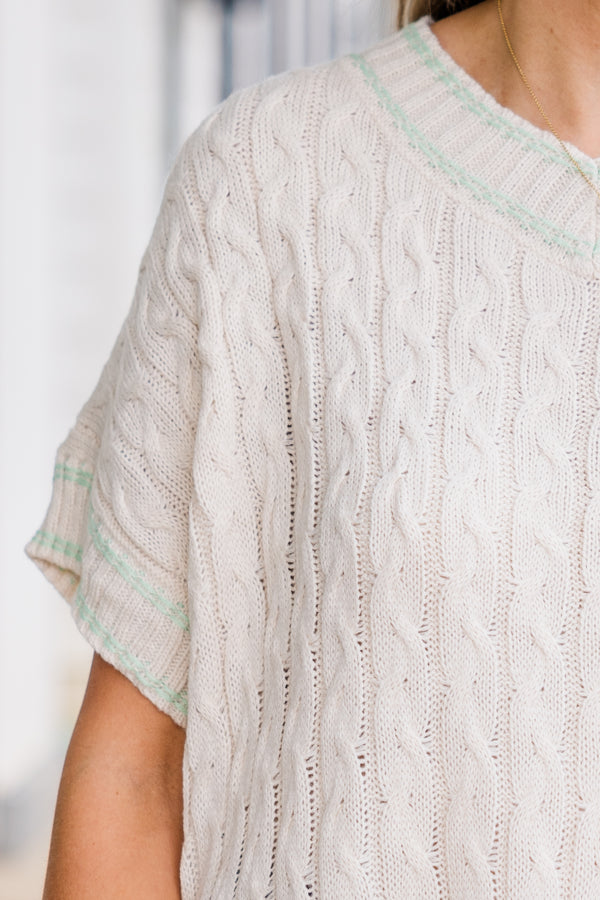 Chic Soul plus size clothing, oatmeal short sleeve sweater top with v neckline with slit in the side with cable knit detailing
