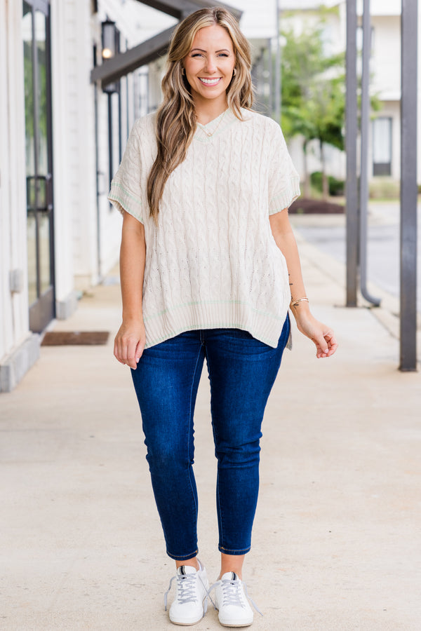 Chic Soul plus size clothing, oatmeal short sleeve sweater top with v neckline with slit in the side with cable knit detailing