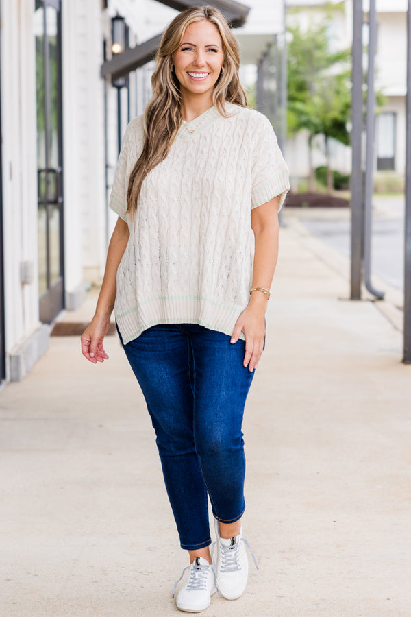 Chic Soul plus size clothing, oatmeal short sleeve sweater top with v neckline with slit in the side with cable knit detailing