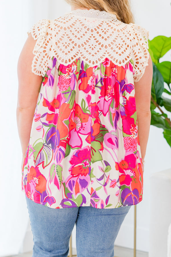 Chic Soul plus size clothing, sleeveless ecru pink floral top with v-neckline and lace detailing on top portion of bodice and shoulders with ivory tassels 