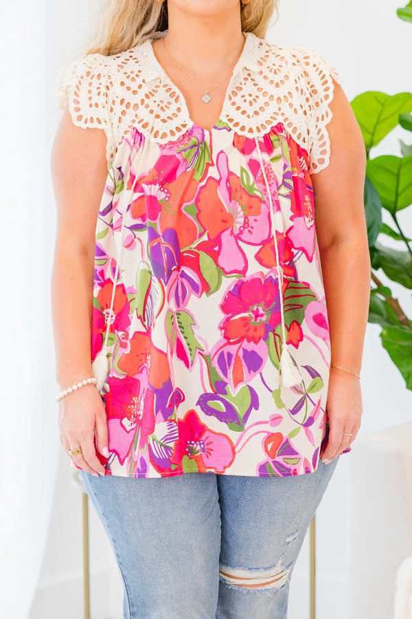 Chic Soul plus size clothing, sleeveless ecru pink floral top with v-neckline and lace detailing on top portion of bodice and shoulders with ivory tassels 