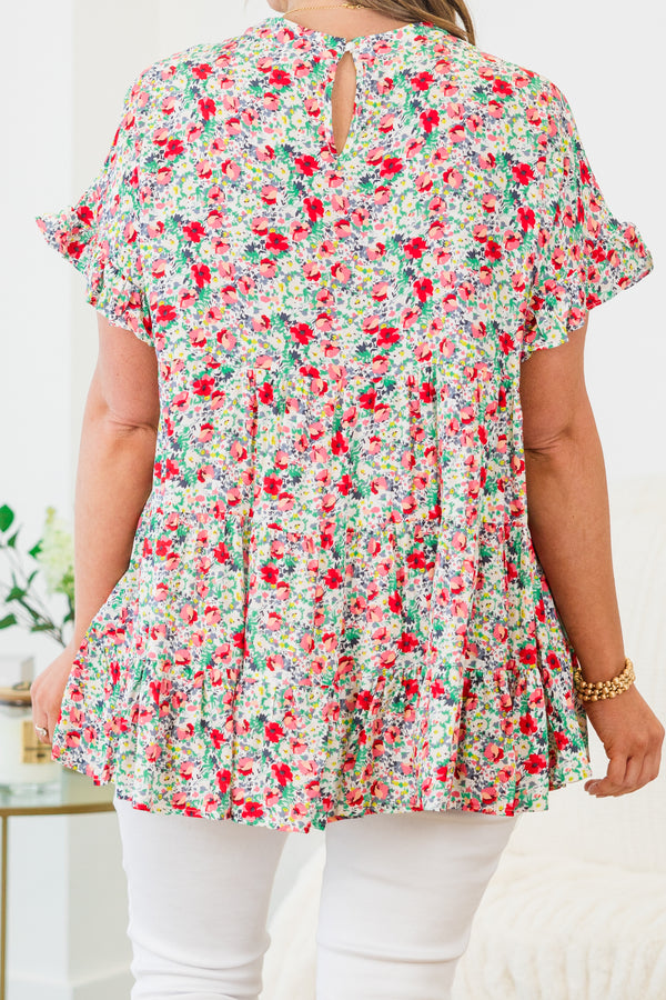 Chic Soul plus size clothing, mint-coral short sleeve tired small floral multicolored print top with round neckline with ruffle detail on sleeves
