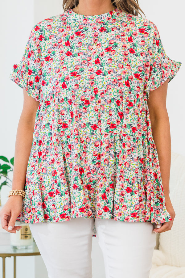 Chic Soul plus size clothing, mint-coral short sleeve tired small floral multicolored print top with round neckline with ruffle detail on sleeves