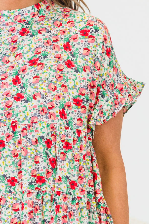 Chic Soul plus size clothing, mint-coral short sleeve tired small floral multicolored print top with round neckline with ruffle detail on sleeves