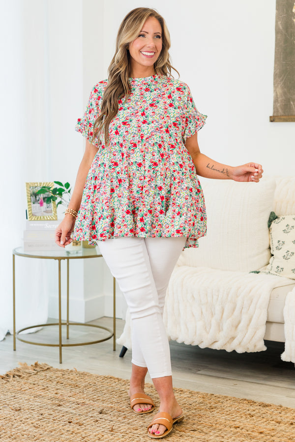 Chic Soul plus size clothing, mint-coral short sleeve tired small floral multicolored print top with round neckline with ruffle detail on sleeves