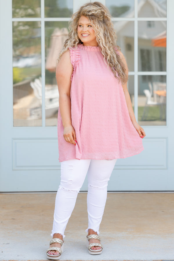 Chic Soul plus size clothing, pink flowy tunic with ruffles on neckline and sleeves