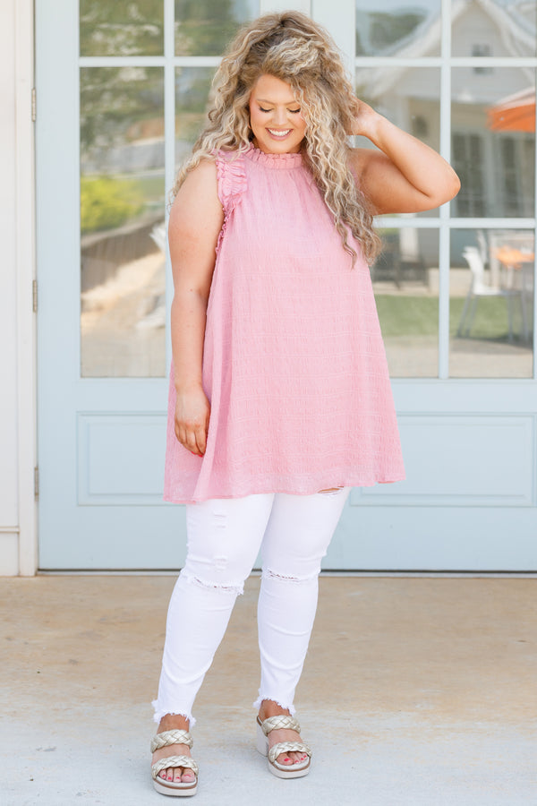 Chic Soul plus size clothing, pink flowy tunic with ruffles on neckline and sleeves