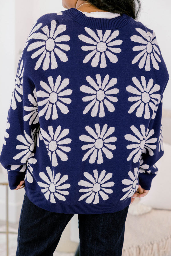 Chic Soul plus size clothing, navy long sleeve button up cardigan with white floral print