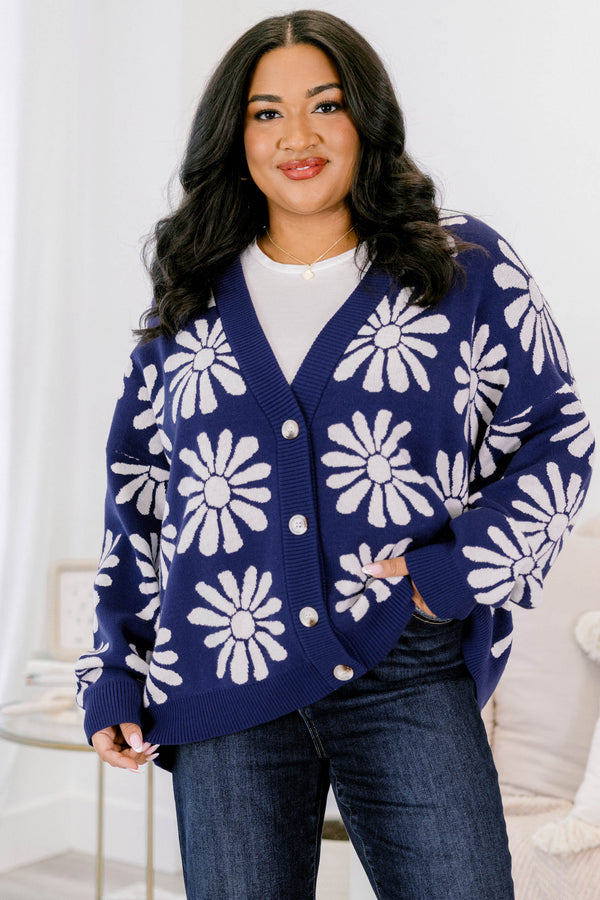 Chic Soul plus size clothing, navy long sleeve button up cardigan with white floral print
