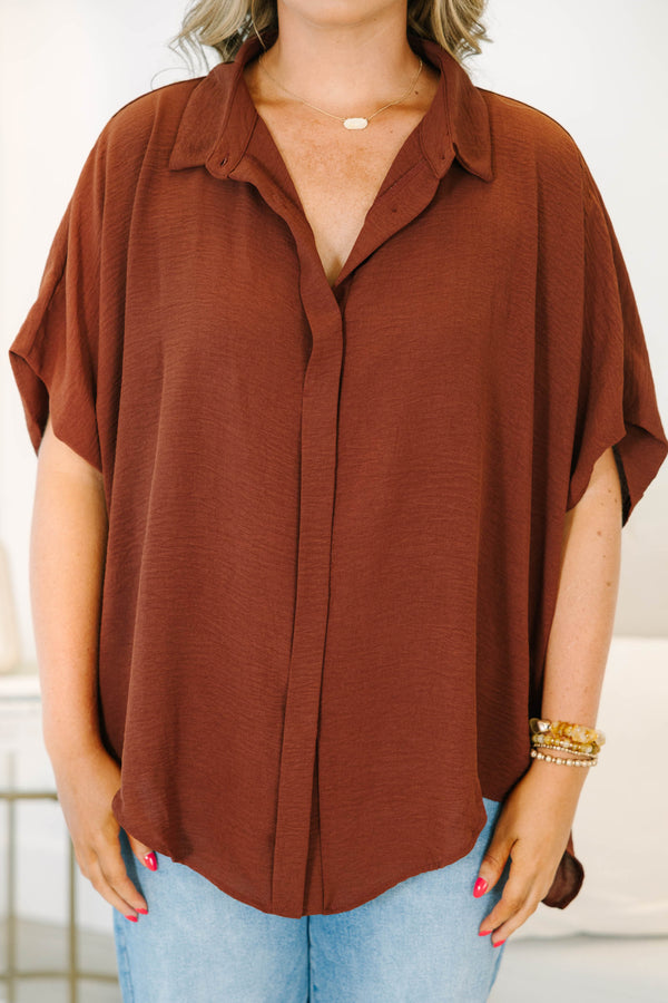 Plus size flowy brown button-down  Top with a collared neckline and drop shoulders.