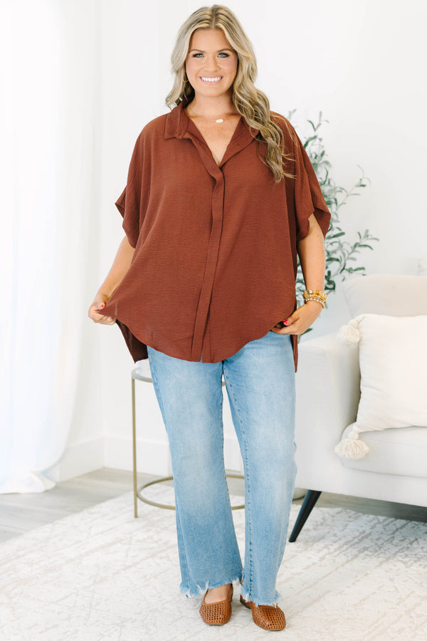 Plus size flowy brown button-down  Top with a collared neckline and drop shoulders.