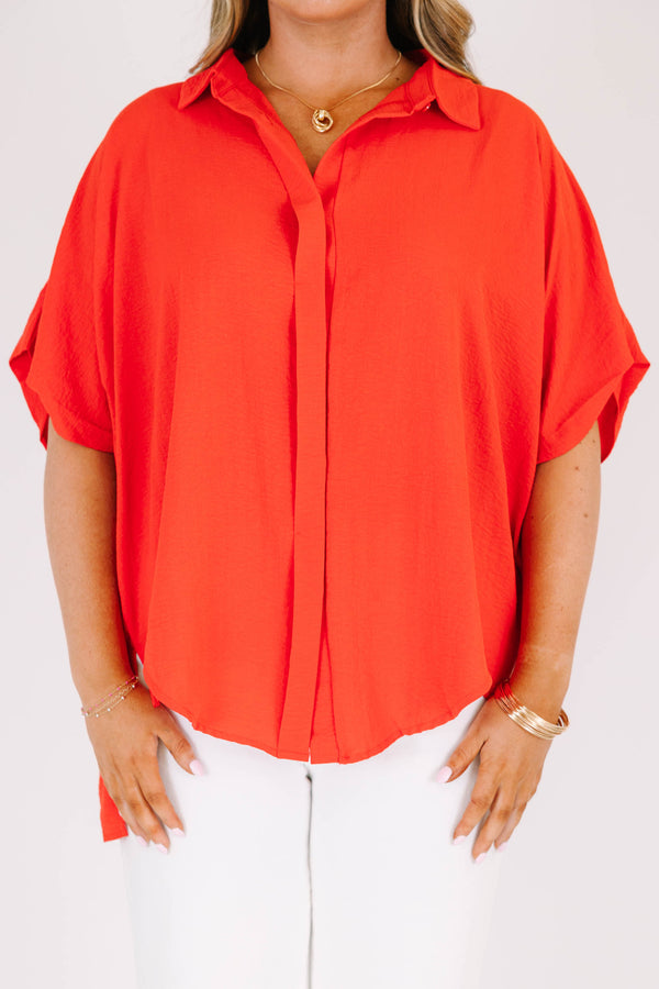 Chic Soul plus size clothing, short-sleeve high-low hemline collared red top with a split-v-neckline 