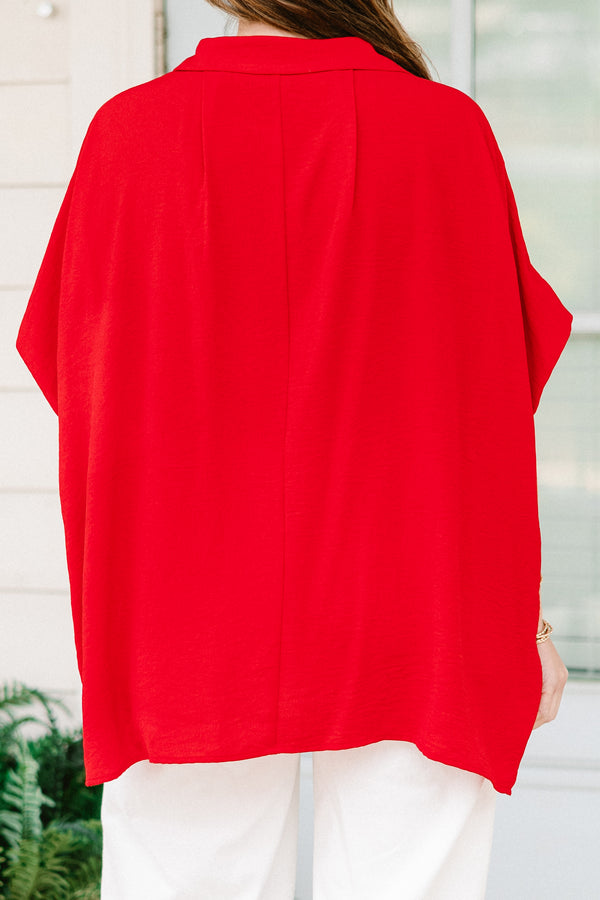 Chic Soul plus size clothing, short-sleeve high-low hemline collared red top with a split-v-neckline 