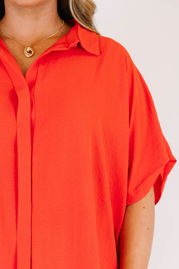 Chic Soul plus size clothing, short-sleeve high-low hemline collared red top with a split-v-neckline 