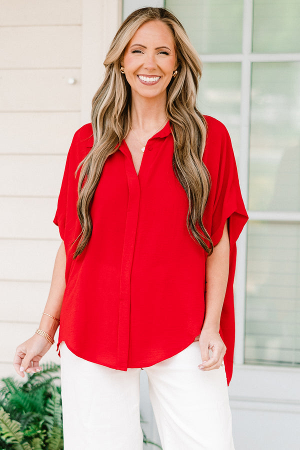 Chic Soul plus size clothing, short-sleeve high-low hemline collared red top with a split-v-neckline 