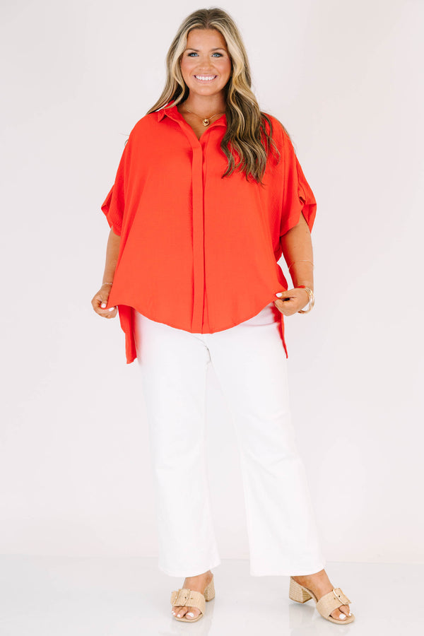 Chic Soul plus size clothing, short-sleeve high-low hemline collared red top with a split-v-neckline 