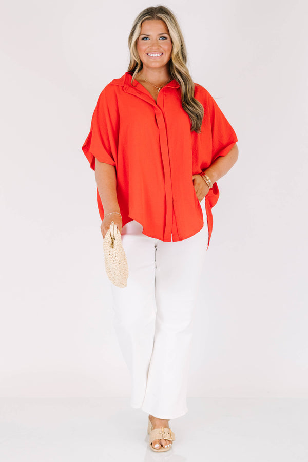 Chic Soul plus size clothing, short-sleeve high-low hemline collared red top with a split-v-neckline 