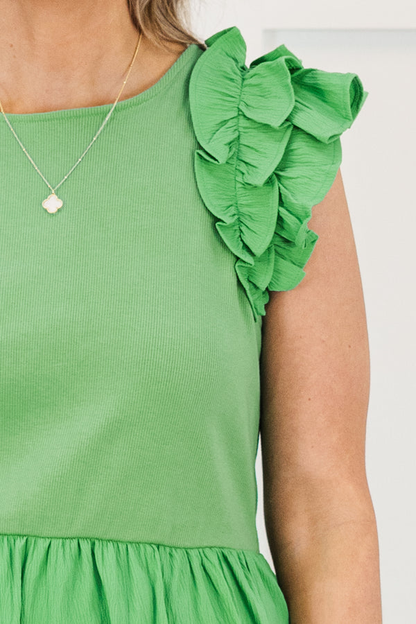 Chic Soul plus size clothing, short-flutter-sleeve green dress with an elastic waistband and a high-scoop-neckline 