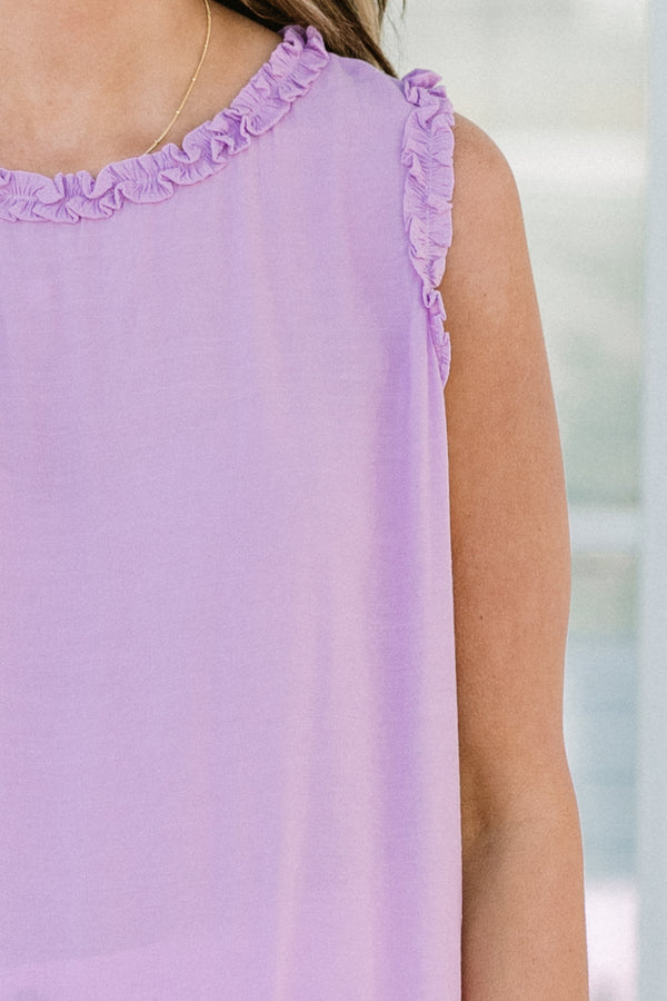 Chic Soul plus size clothing, purple sleeveless tank top with ruffle along bottom and ruffle lining sleeves and neckline