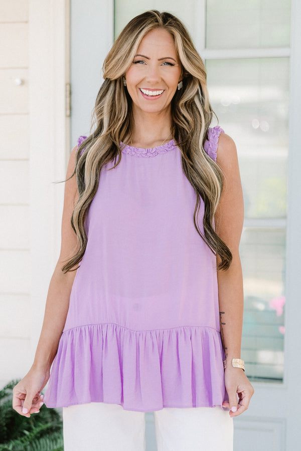Chic Soul plus size clothing, purple sleeveless tank top with ruffle along bottom and ruffle lining sleeves and neckline
