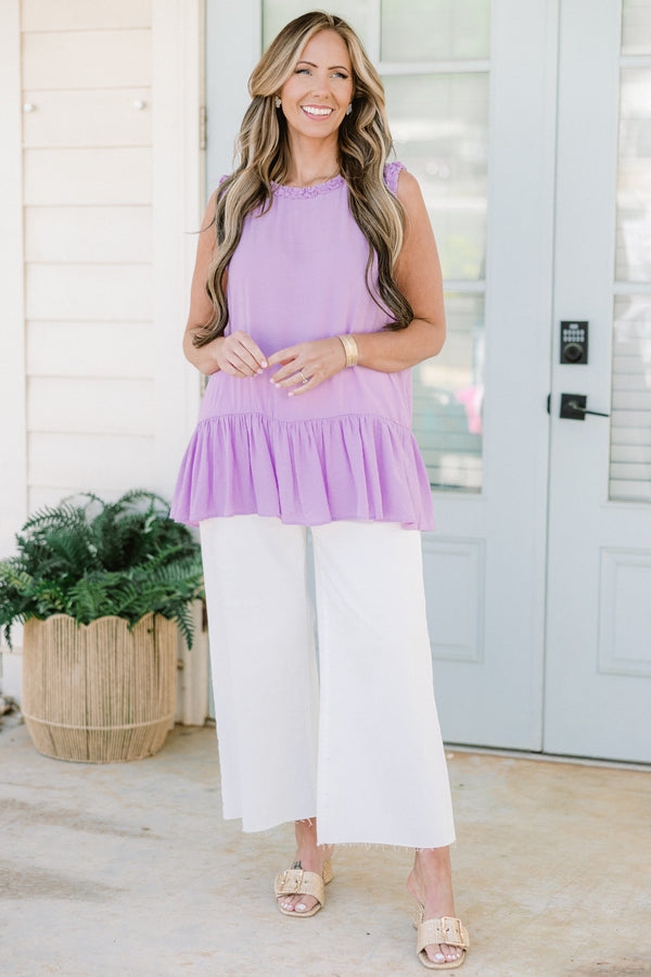 Chic Soul plus size clothing, purple sleeveless tank top with ruffle along bottom and ruffle lining sleeves and neckline