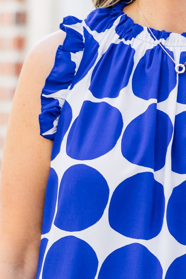 Chic Soul plus size clothing, sleeveless royal blue tank top with smocked neckline and ruffles along shoulders and white spotted pattern