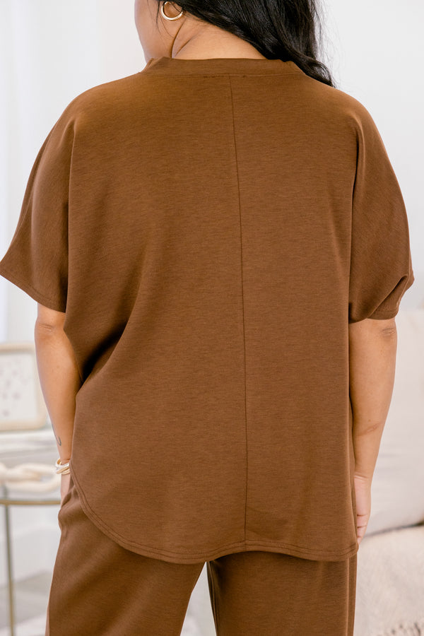 Chic Soul plus size clothing, dark brown wide leg pants and short sleeve top matching set 