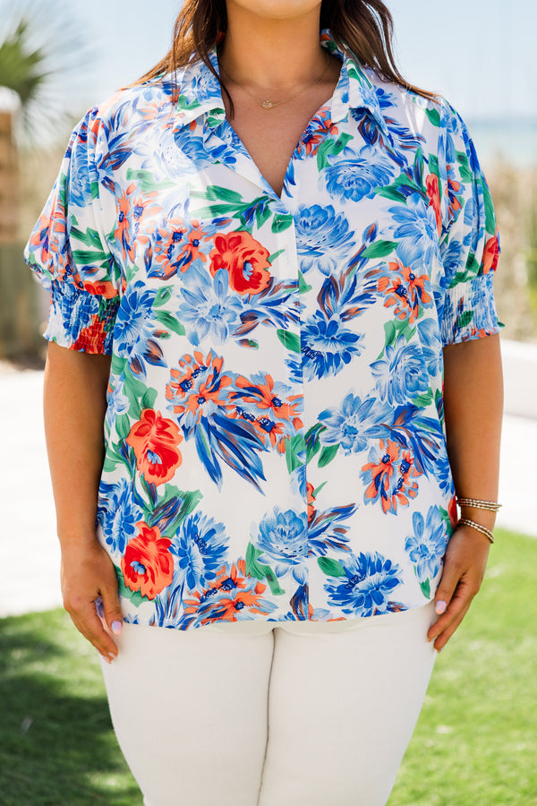 Chic Soul plus size clothing, short-sleeve blue collared buttoned top with a blue and white and orange tropical floral pattern 