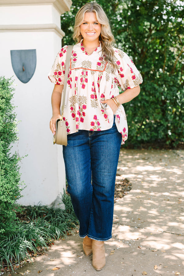 Plus Size cream babydoll top with red floral print, puff sleeves, and orange piping detail.