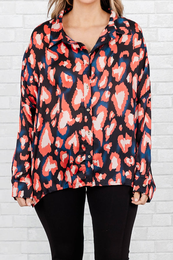 Chic Soul plus size clothing, black and rust leopard pattern button down top