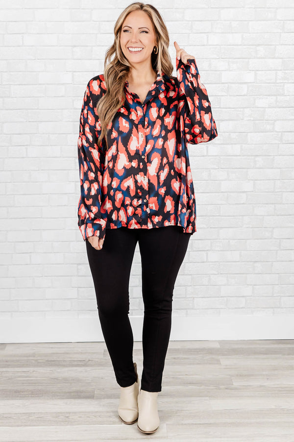 Chic Soul plus size clothing, black and rust leopard pattern button down top