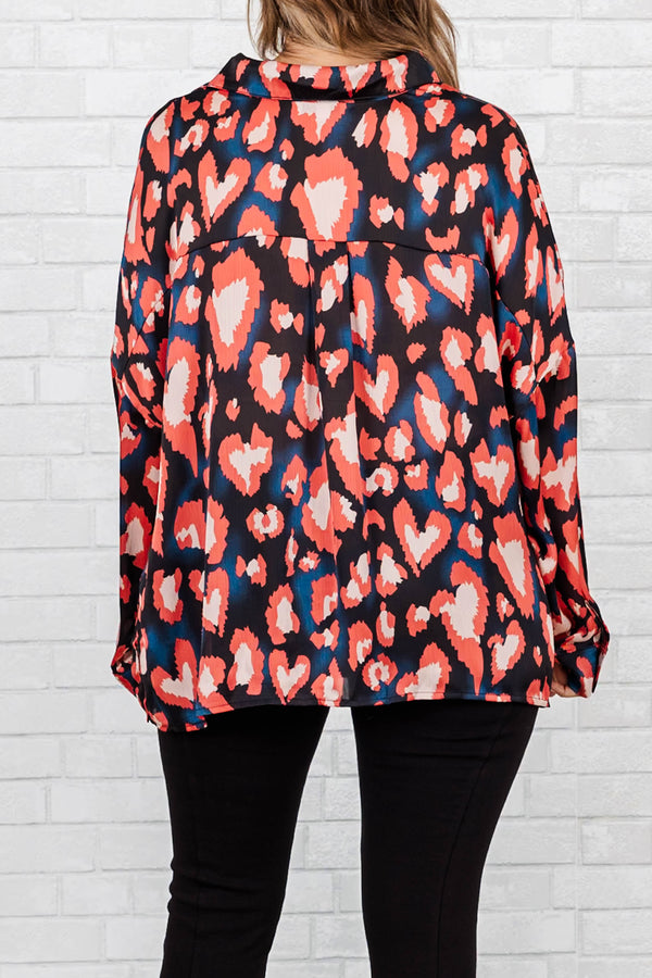 Chic Soul plus size clothing, black and rust leopard pattern button down top