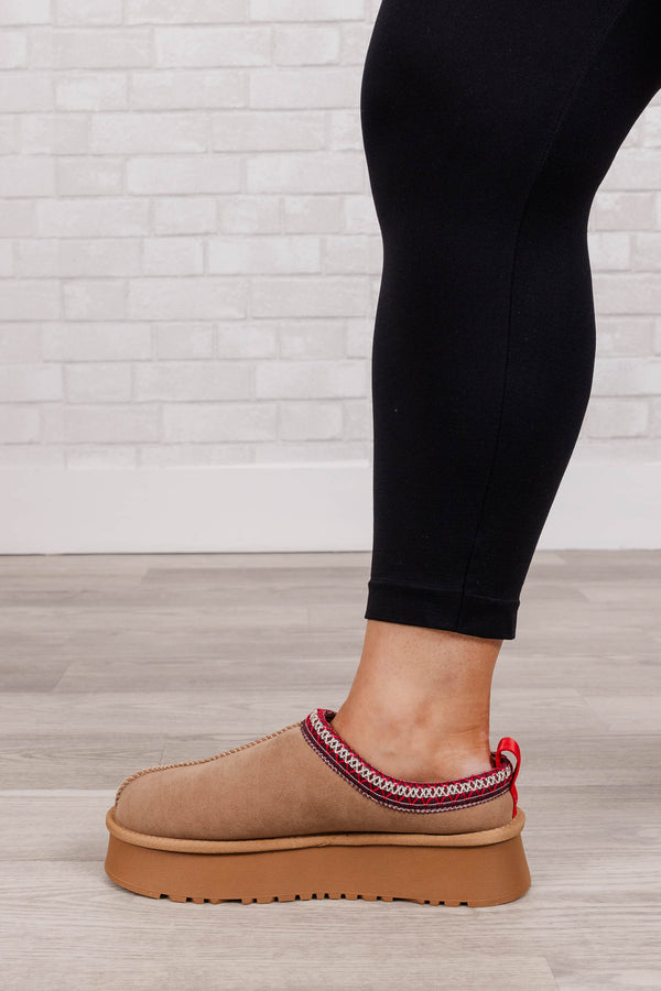 Chic Soul Plus size clothing, camel color  platform slippers with faux fur interior, red patterned band.