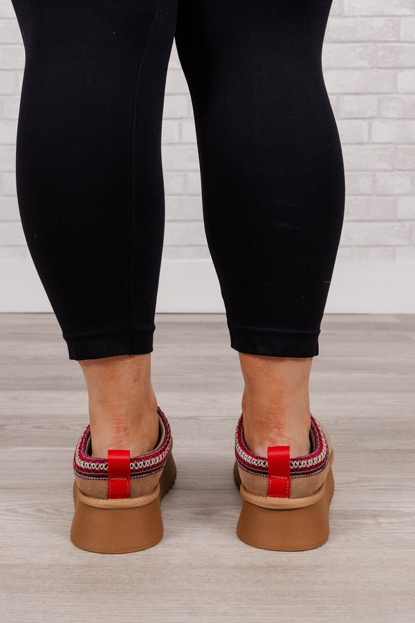 Chic Soul Plus size clothing, camel color  platform slippers with faux fur interior, red patterned band.
