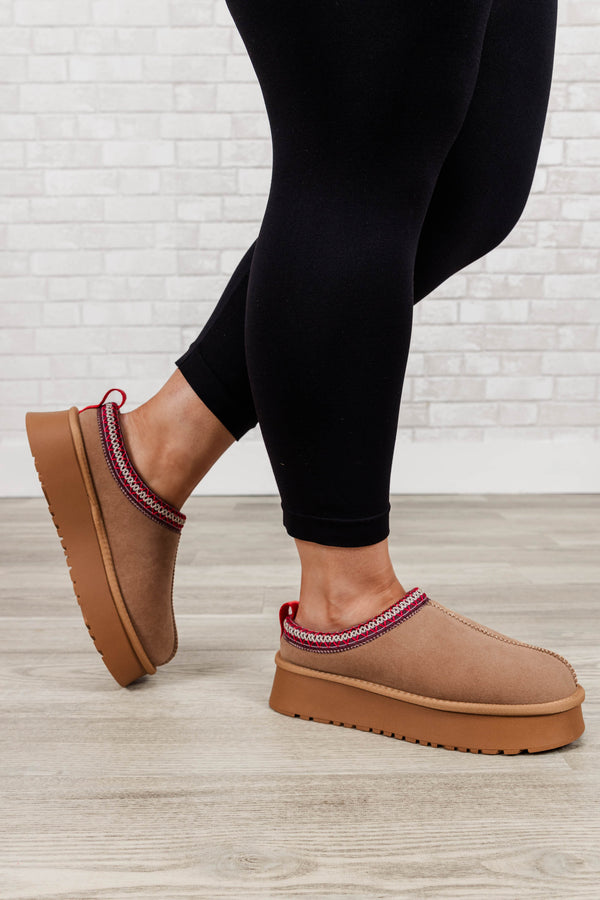 Chic Soul Plus size clothing, camel color  platform slippers with faux fur interior, red patterned band.