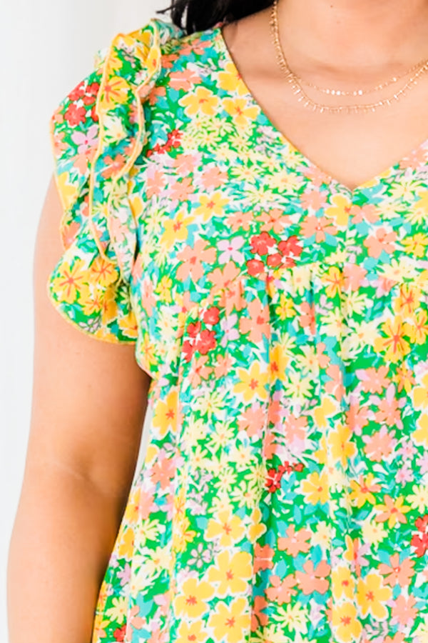 Chic Soul plus size clothing, green-yellow floral print mini dress with flutter sleeves