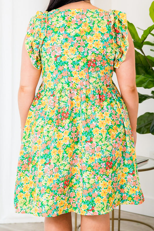 Chic Soul plus size clothing, green-yellow floral print mini dress with flutter sleeves