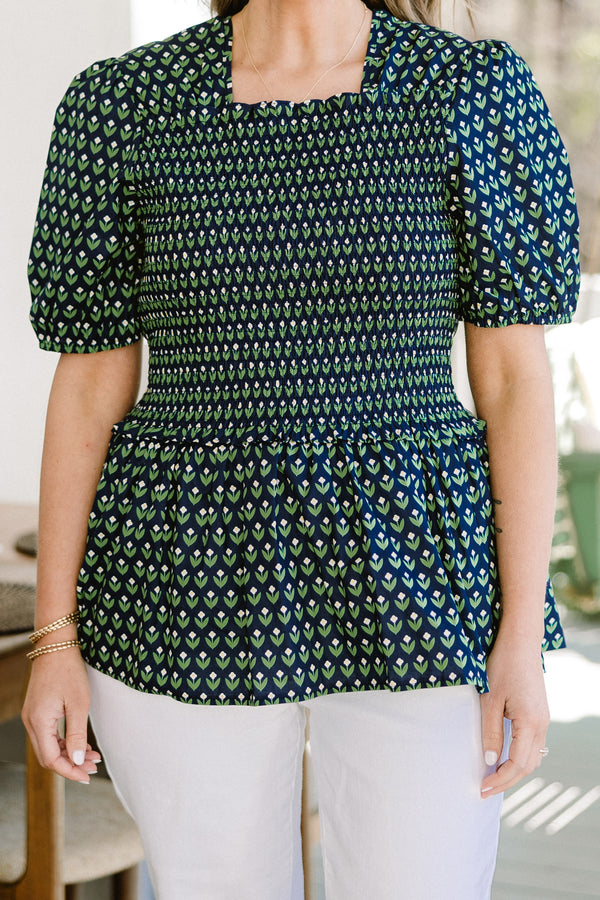 Chic Soul plus size clothing, short puff sleeve babydoll top with green and yellow floral pattern