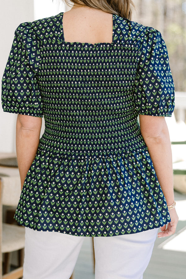 Chic Soul plus size clothing, short puff sleeve babydoll top with green and yellow floral pattern