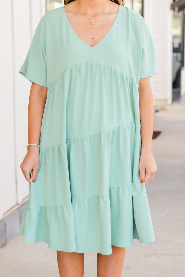 Chic Soul plus size clothing, short sleeve sage dress with ruffles and v-neckline