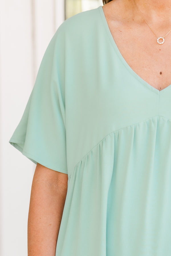 Chic Soul plus size clothing, short sleeve sage dress with ruffles and v-neckline