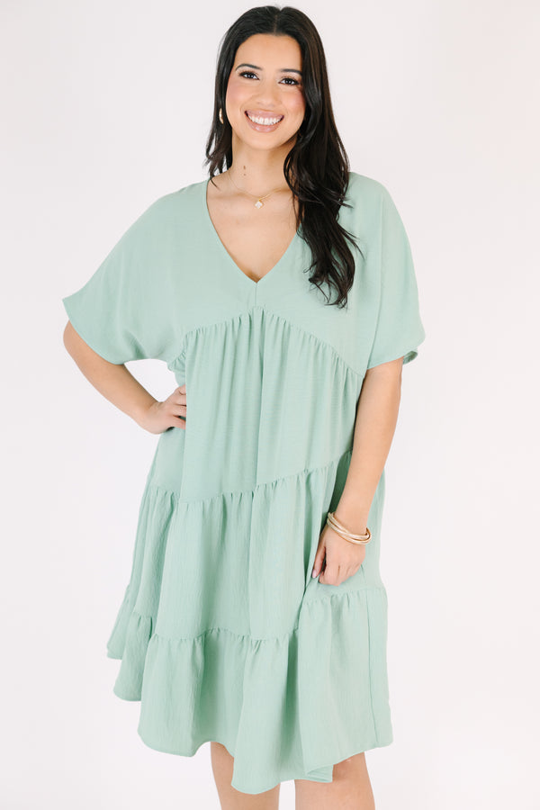 Chic Soul plus size clothing, short sleeve sage dress with ruffles and v-neckline