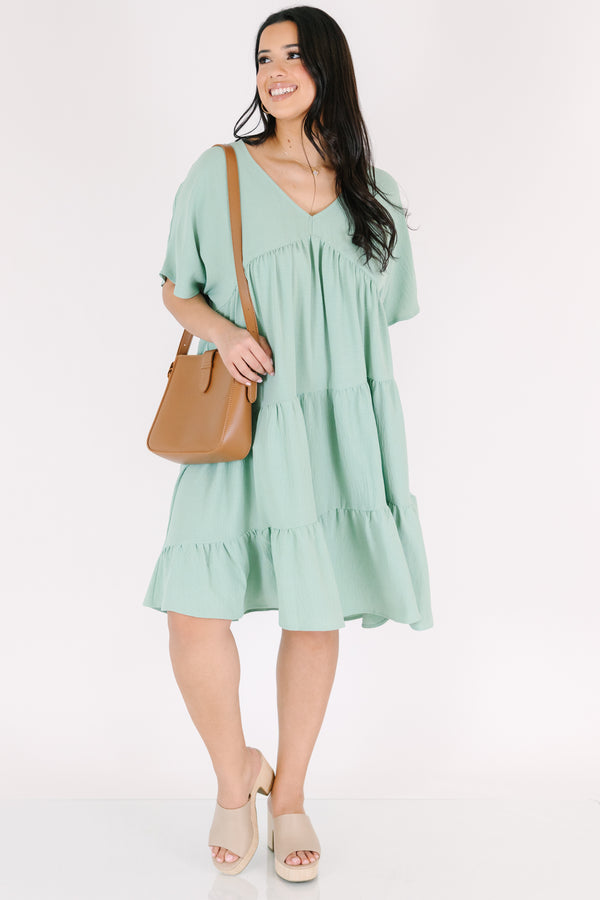 Chic Soul plus size clothing, short sleeve sage dress with ruffles and v-neckline