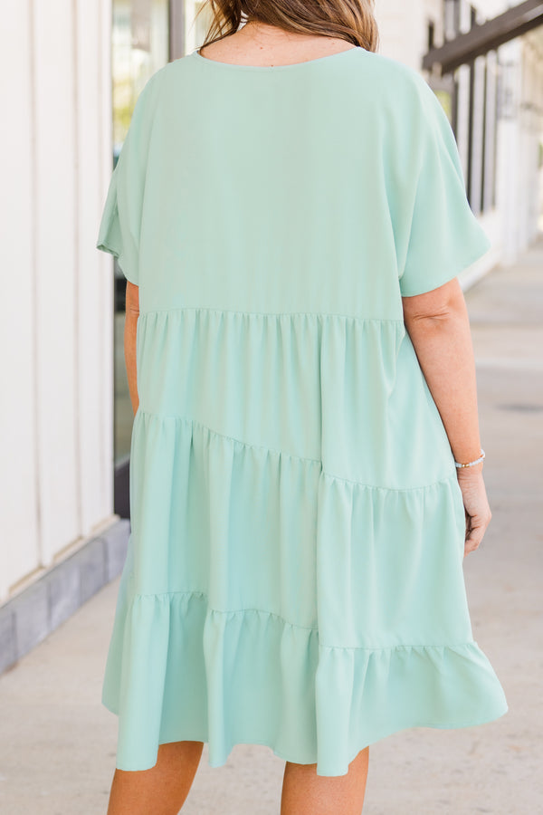 Chic Soul plus size clothing, short sleeve sage dress with ruffles and v-neckline
